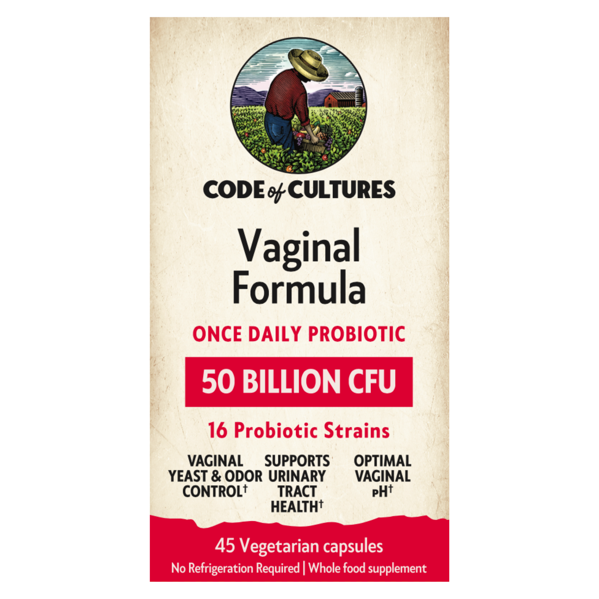 Code of Cultures Vaginal Formula probiotic packaging on a beige background