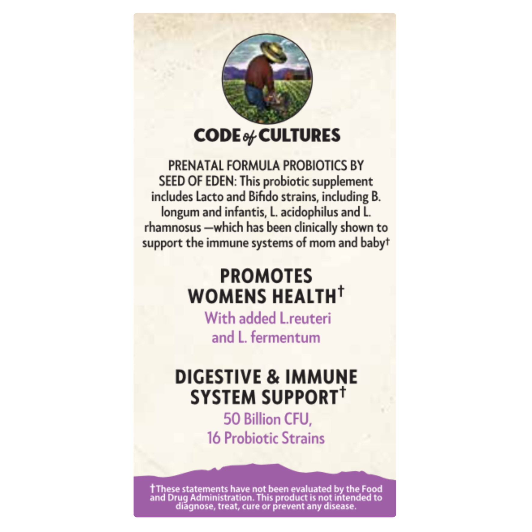 Probiotic supplement package with text on a white background