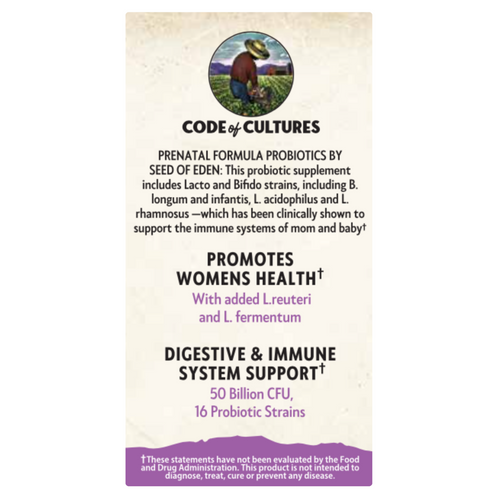 Probiotic supplement package with text on a white background