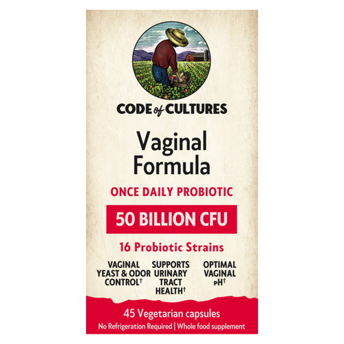 Code of Cultures Vaginal Formula probiotic packaging on a beige background