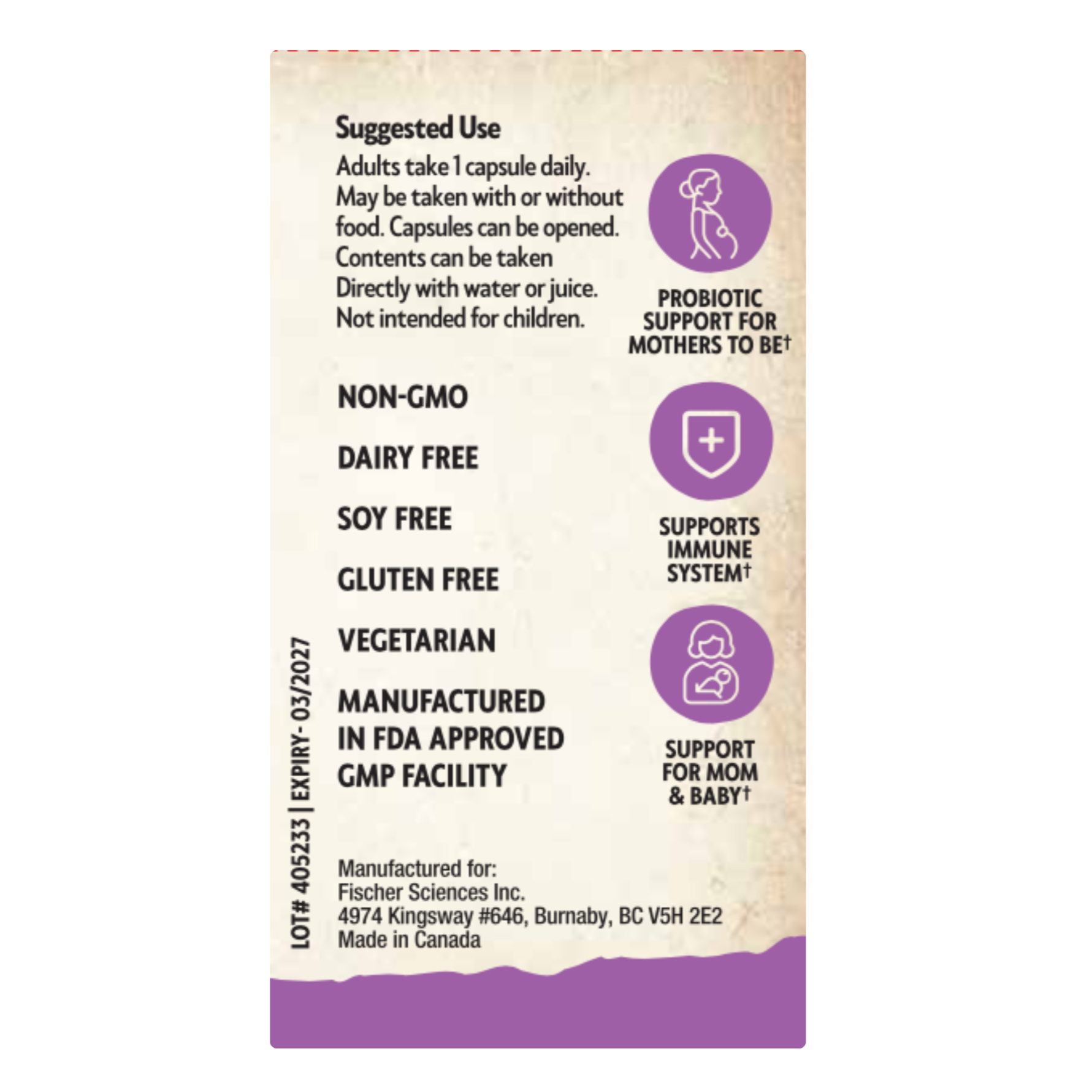 Supplement label with text and icons on a white background