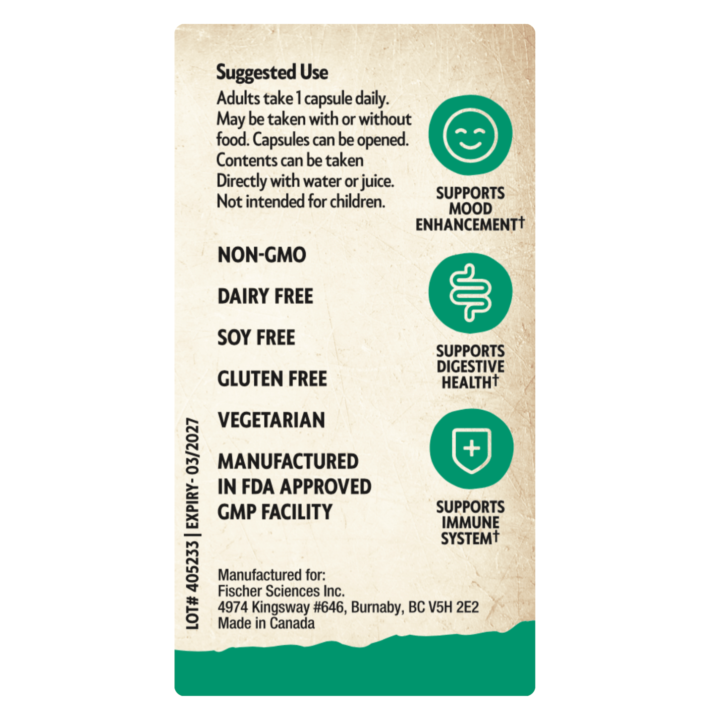 Supplement package with green and beige design on a white background
