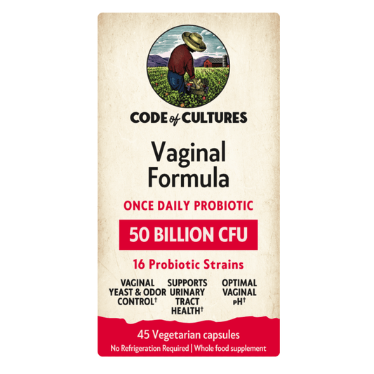 Vaginal Formula probiotic package with text and branding on a white background