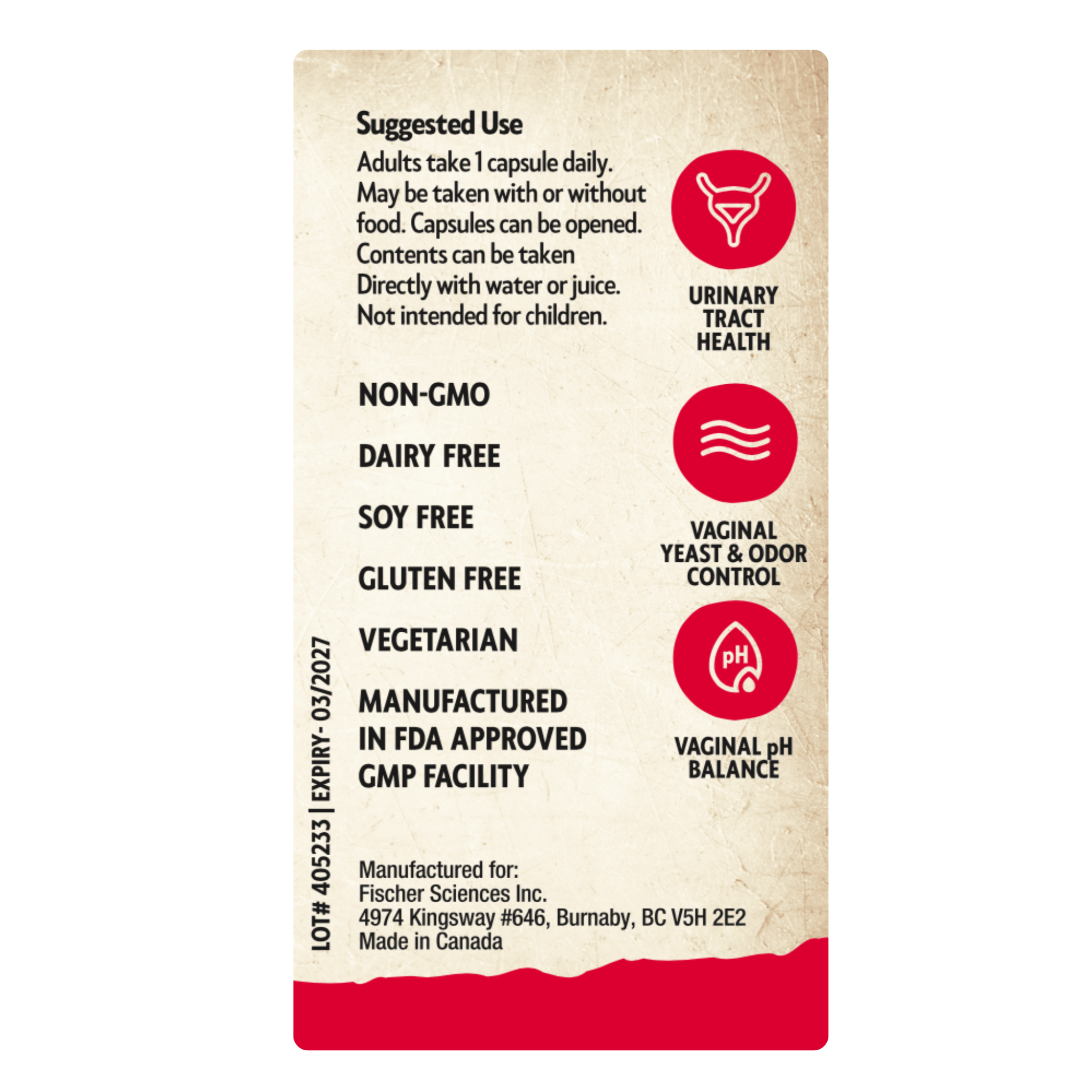 Product label with text and icons on a beige and red background