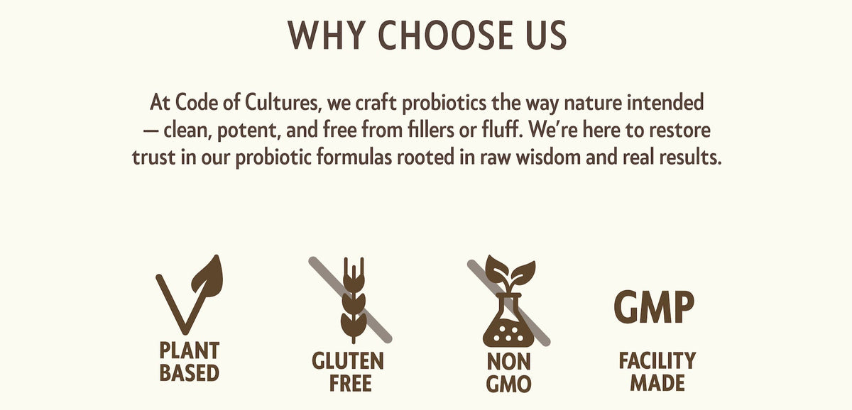 Promotional text and icons about Code of Cultures' probiotic products on a white background.