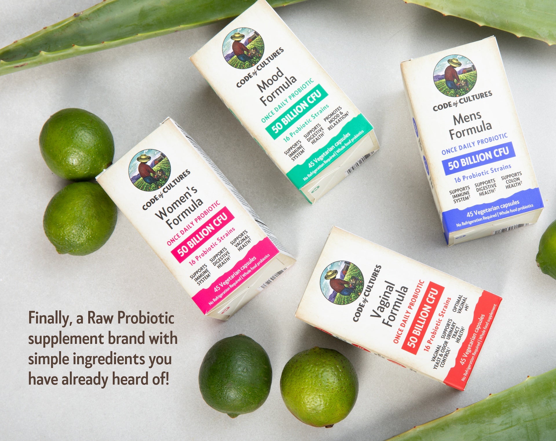 Four boxes of Core of Cultures supplements with limes and aloe vera leaves on a light background.
