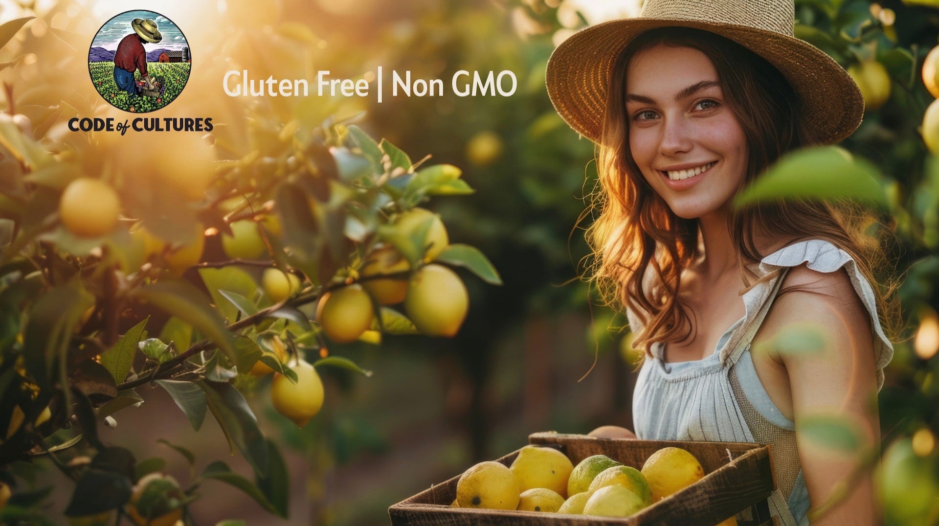 Woman holding a crate of lemons in an orchard with 'Code of Cultures' branding.