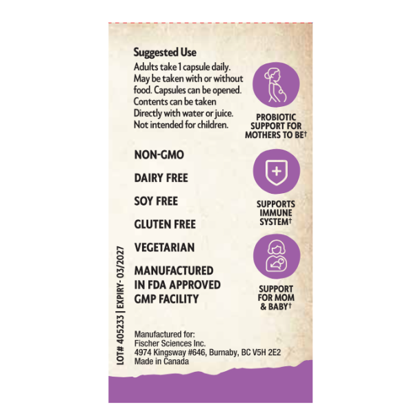 Product label with text and icons on a beige and purple background