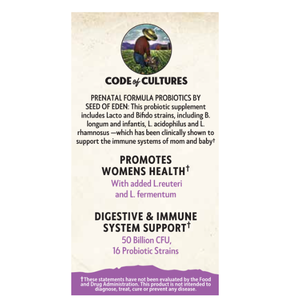 Probiotic supplement packaging with text on a white background