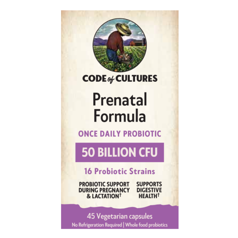 Package of Code of Cultures Prenatal Formula probiotic supplement on a white background